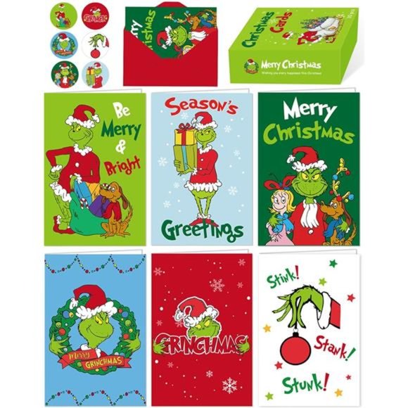Set of 30 Grinchs Cards Bulk Boxed with Envelopes and Stickers,6 Assorted Design - Picture 1 of 6